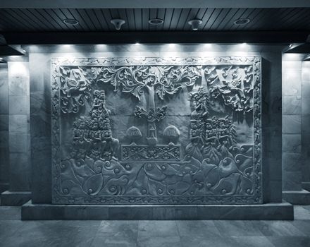 Indonesia, Bali, Frescoes on wall in hotel
