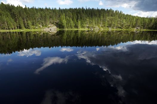 Storm clouds reflections on the lake surface