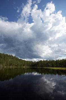 Storm clouds reflections on the lake surface