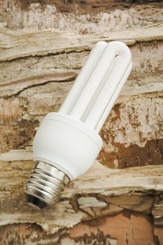 White fluorescent energy saver lamp over wood