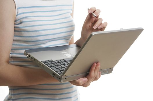 Girl using touchscreen laptop