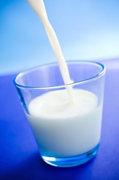 Pouring milk in to glass over blue background