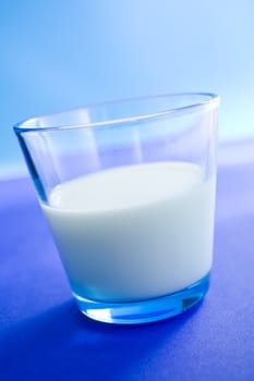 Glass filled with milk over a blue background