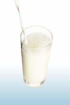 Pouring milk in the glass on the white background