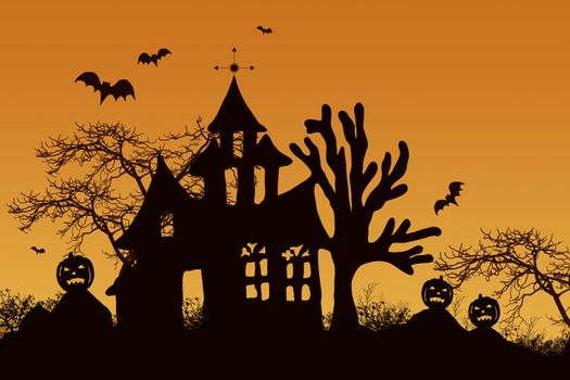 Haunted halloween house with bats