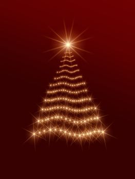 shining christmas tree drawn by golden lights over red background