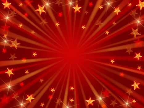 red christmas background with stars, lights and rays