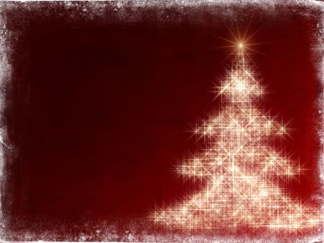 shining christmas tree drawn by white lights over red background with frame