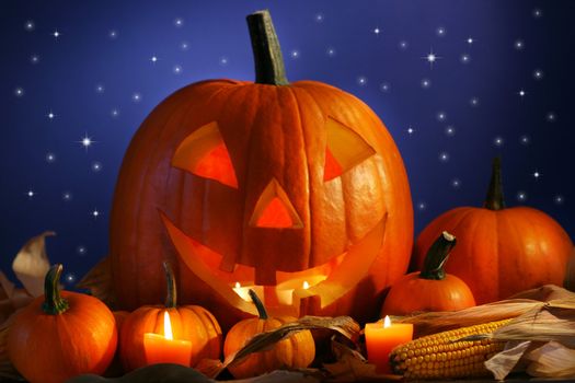 Halloween pumpkin against a starry night