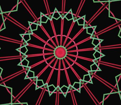 red and green abstract resembling a glowing ferris-wheel on black