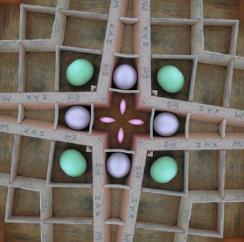 abstract illustration in neutral colors, green, and pink
