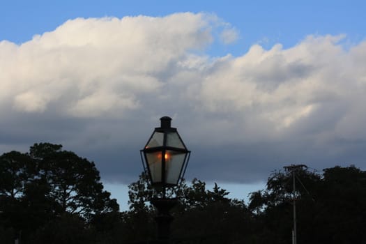 Street lamp with cloudy sky and trees in the background