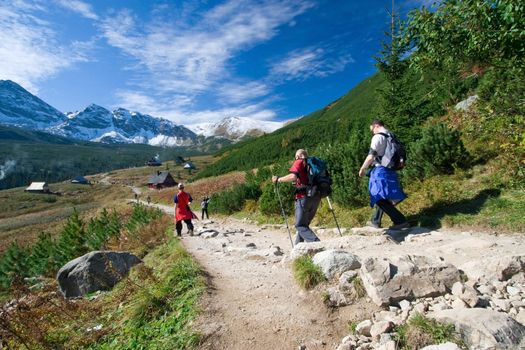 Group of people trekking in Tatra Mountains, Poland