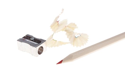 isolated pencil sharpener with pencil and garbage