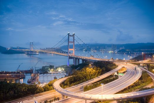 A magical evening of Hong Kong Tsing Ma Bridge .