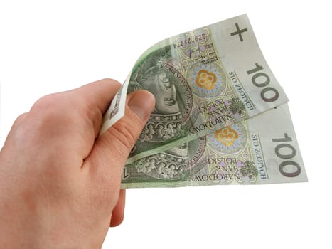 Men's hand holding a hundret zloty bills