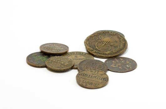 Old coins of Russian Empire on white background