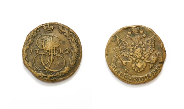 Coin of Russian Empire 18th century 1782 on white background