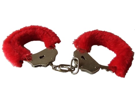 red hendcuffs made up of fur and iron