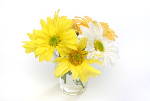 Group of flowers in a glass vase. Yellow, white and orange daisies. Useful as element design