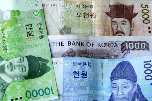Korean Won 10000 5000 1000 bill close up detail
