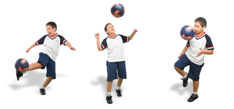 Sports. Boy playing soccer (ball on air). From my football series. White background