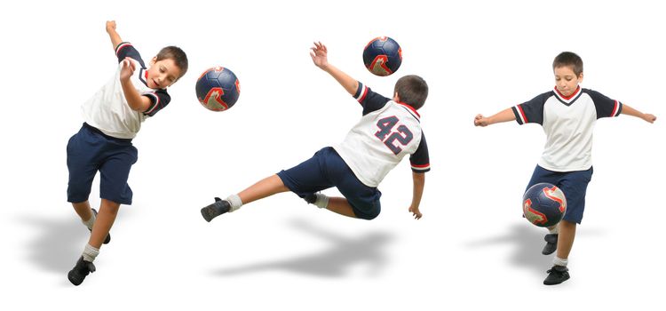 Sports. Boy playing soccer (ball on air). From my football series. White background