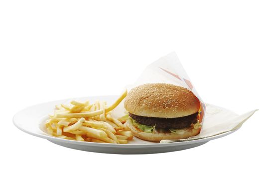 Isolated plate with hamburger and french fries over white background (clipping path included)