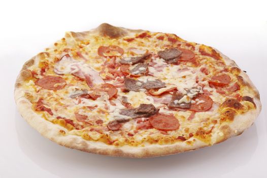 bacon, pepperoni, kebab pizza on the plate over a white background