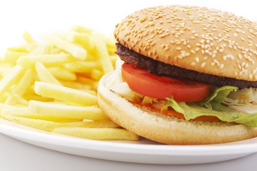 Hamburger with tomato and lettuce with french fries