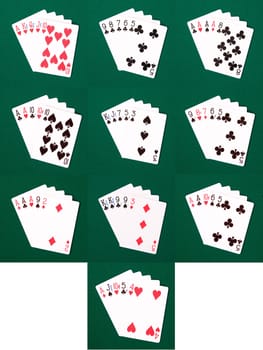 The various poker hands ranging from royal flush to a high card on green linen