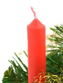 Red Christmas Candle with Pine  on white background