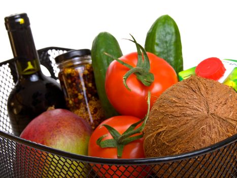 basket full of fresh colorful vegetables isolated on white background. (A shopping)  