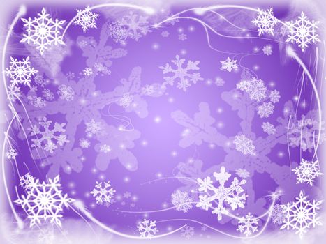 white snowflakes over violet background with feather corners