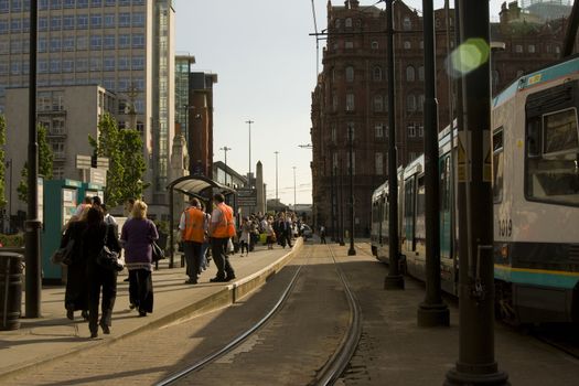 Metrolink tramway arriving at St Peter Square, Manchester,UK