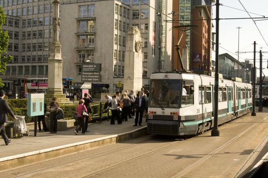 Metrolink tramway arriving at St Peter Square, Manchester,UK