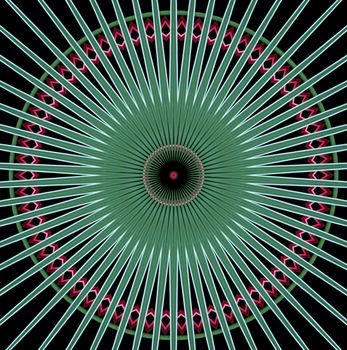 dizzying flower-like image in red, green, white  and black