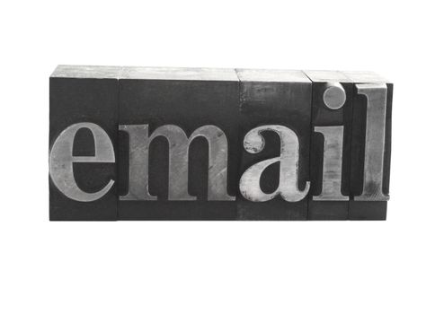 old metal letterpress letters form the word 'email' isolated on white