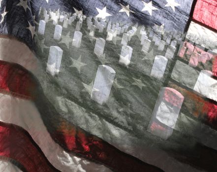 a military cemetery superimposed on a backlit American flag