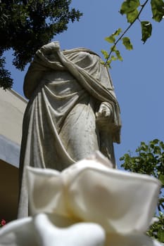 An ancient Greek statue with a lovely white flower