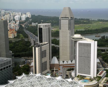 A cluster of hotels and office buildings along the busiest shipping channel in the world