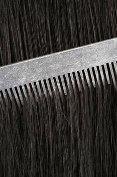 An old barbers comb running through black hair.