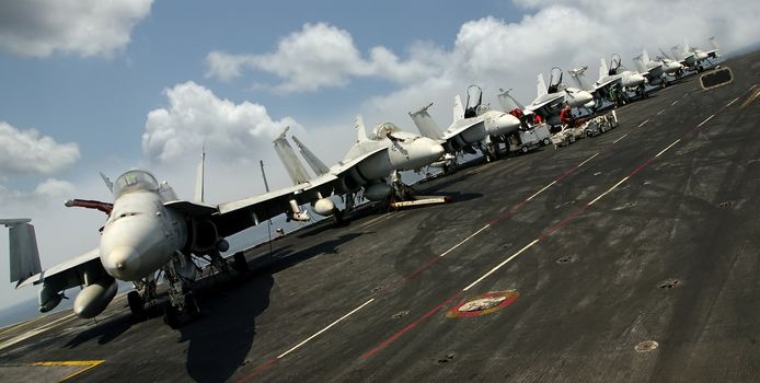 Navy F-18 Fighters  sit on the flight deck on an aircraft carrier