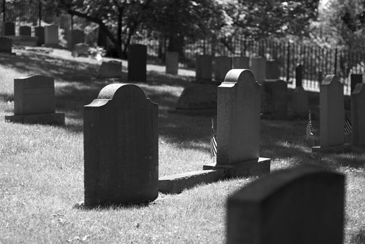 Gravestones in a peaceful cemetery