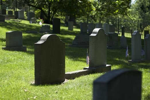 A peaceful cemetery with tombstones