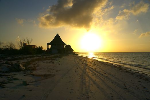 A beautiful sunset against a tropical beach