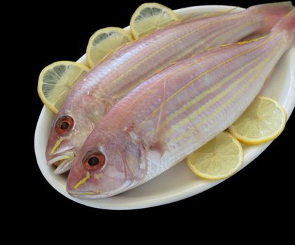 a golden threadfin fish surrounded by lemon slices on a white platter isolated on black