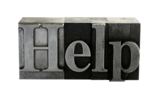 old metal letterpress letters form the word 'Help' isolated on white