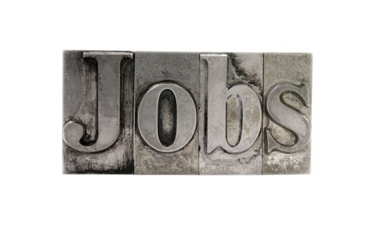 old metal letterpress letters form the word 'jobs' isolated on white