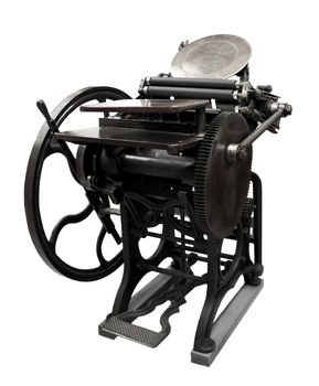 antique black letterpress restored to working condition, isolated on white
